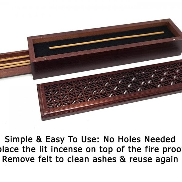 Large Size- Rosewood Finish Wood Incense Box Burner w/Storage (Fire Proof Felt - Just place Incense on Top)