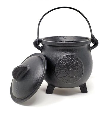 Tree of Life Cast Iron Cauldron with Lid 8"H 5"W