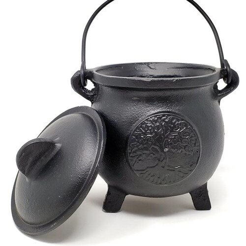 Tree of Life Cast Iron Cauldron with Lid 8"H 5"W