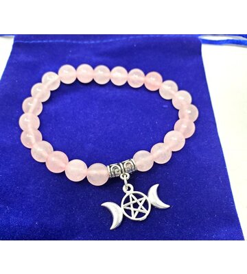 Rose Quartz Gem Stone Bracelet with Triple Moon Pentagram Charm