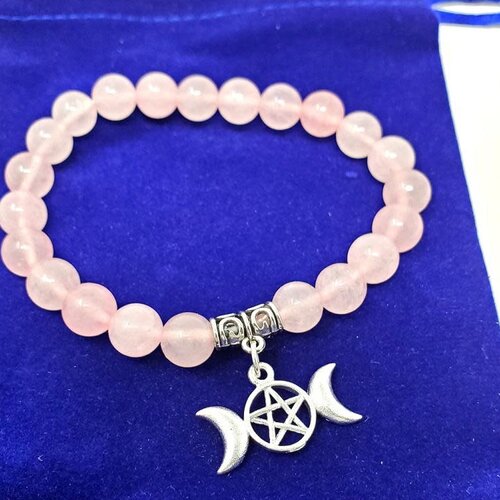 Rose Quartz Gem Stone Bracelet with Triple Moon Pentagram Charm