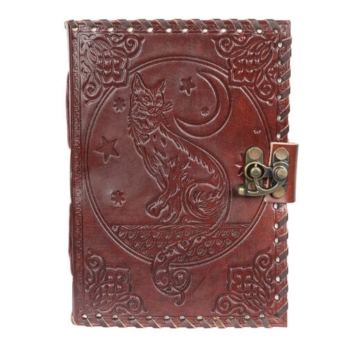 Cat, Moon, and Stars Leather Journal 5" x 7" w/ Antiqued Paper