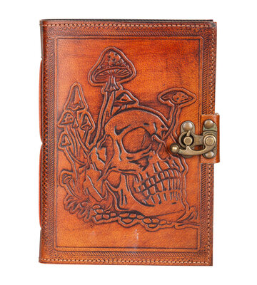 Skull and Mushrooms Leather Journal 5" x 7" w/ Antiqued Paper