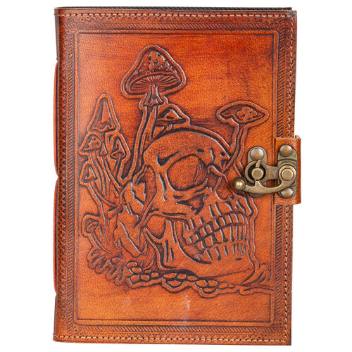 Skull and Mushrooms Leather Journal 5" x 7" w/ Antiqued Paper