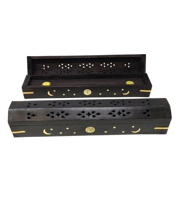 Celestial Wood Incense Box Burner Black 12"L