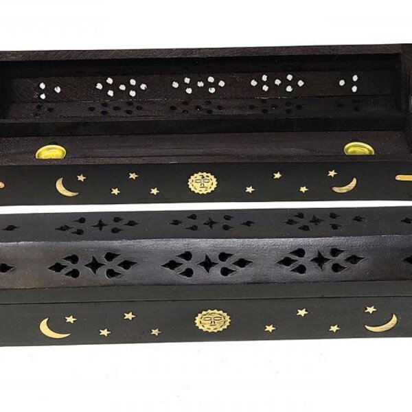 Celestial Wood Incense Box Burner Black 12"L