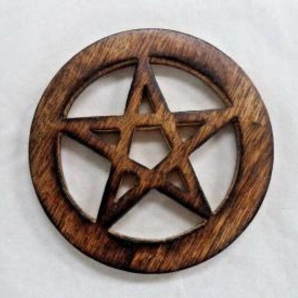 Pentagram Carved Wooden Altar Tile 4" Round