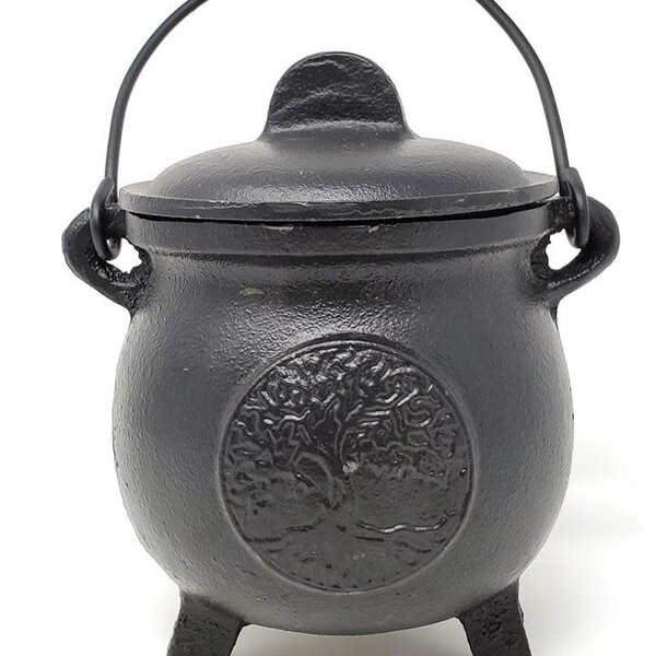 Tree of Life Cast Iron Cauldron with Lid 8"H 5"W