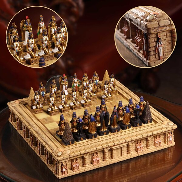 Egyptian Gods Chess Piece Set With Ankh Temple Box Board (32 pcs per set with storage and board)