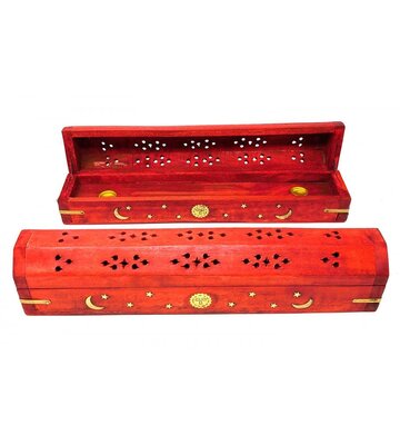 Celestial Wood Incense Box Burner Red 12"L