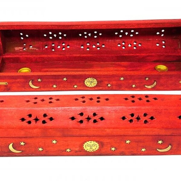 Celestial Wood Incense Box Burner Red 12"L