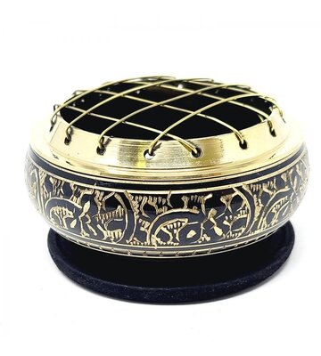 Black Carved Brass Screen Charcoal Burner 2.75"D 1.75"H w/Wooden Coaster