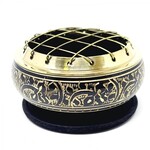 Black Carved Brass Screen Charcoal Burner 2.75"D 1.75"H w/Wooden Coaster