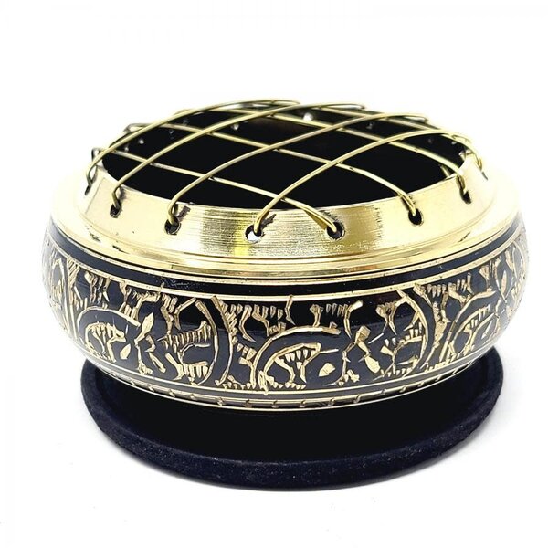 Black Carved Brass Screen Charcoal Burner 2.75"D 1.75"H w/Wooden Coaster