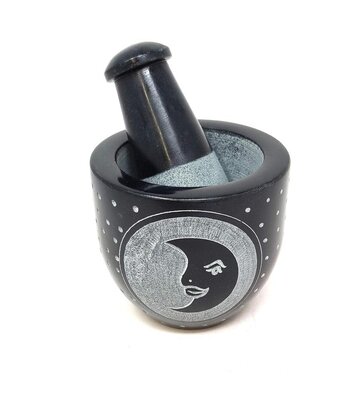 Moon Carved Black Soapstone Mortar & Pestle 3"W x 3"H