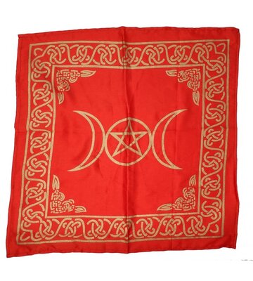 Triple Moon with Pentagram Altar Cloth Golden print on Red Satin 21x21"