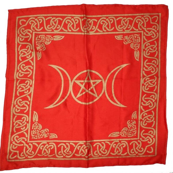 Triple Moon with Pentagram Altar Cloth Golden print on Red Satin 21x21"