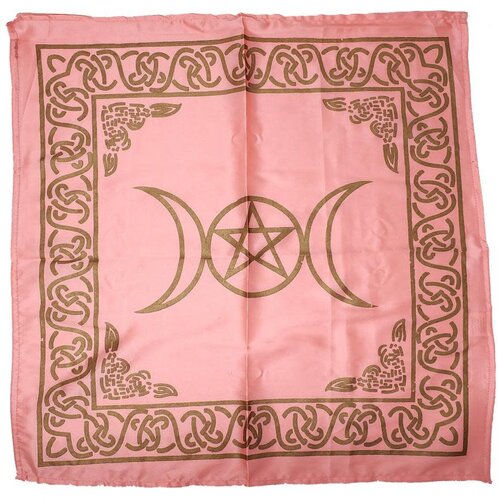 Triple Moon with Pentagram Altar Cloth Golden print on Baby Pink 21x21"