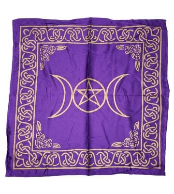 Triple Moon with Pentagram Altar Cloth Golden print on Purple Satin 21x21"