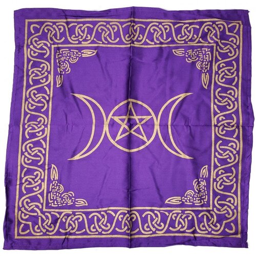 Triple Moon with Pentagram Altar Cloth Golden print on Purple Satin 21x21"