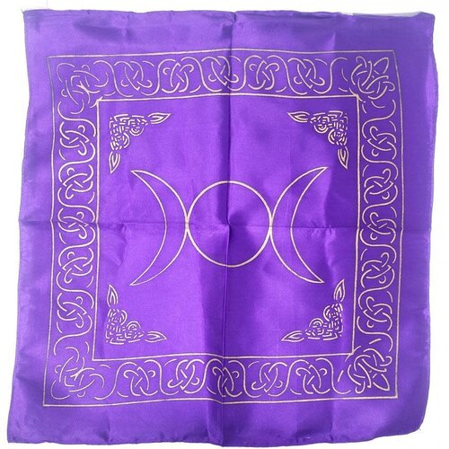 Triple Moon Altar Cloth Golden print on Purple Satin 21x21"