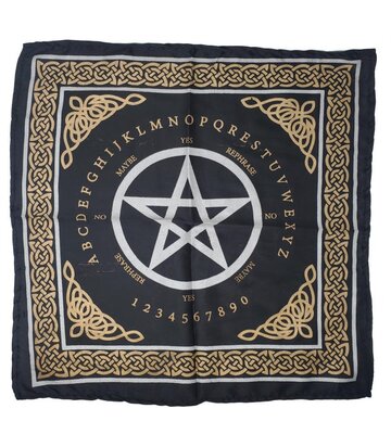Pentagram Altar Cloth/ Ouija Board Silver & gold Print on Black Satin 21x21"