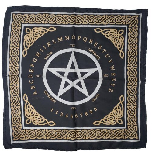 Pentagram Altar Cloth/ Ouija Board Silver & gold Print on Black Satin 21x21"