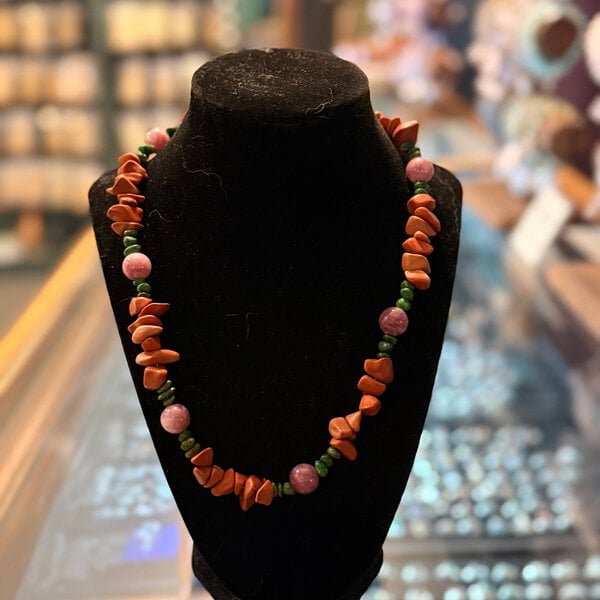 Lepidolite, Red Jasper, and Uvarite Crystal Chip Necklace by Penny Cabot