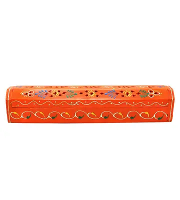 Orange hand painted wooden incense box 12"