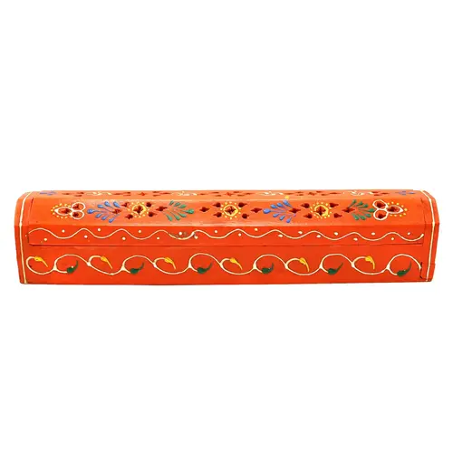 Orange hand painted wooden incense box 12"