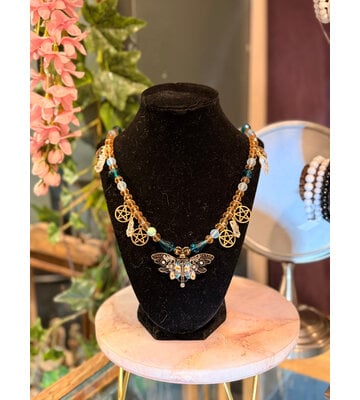 Moth with Clear Quartz Crystal Beaded Necklace by Penny Cabot