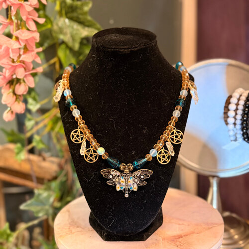 Moth with Clear Quartz Crystal Beaded Necklace by Penny Cabot