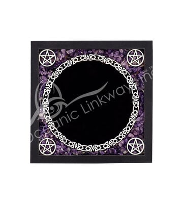 SCRYING MIRROR – AMETHYST CHIPS WITH BLACK LEATHER FRAME 6.75 X 6.75″