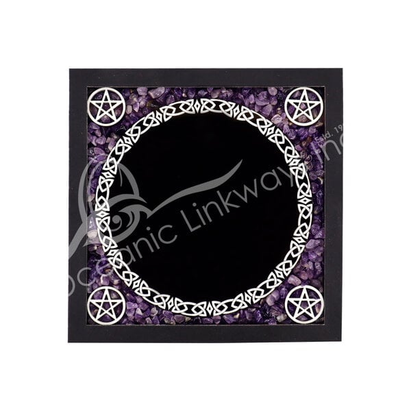 SCRYING MIRROR – AMETHYST CHIPS WITH BLACK LEATHER FRAME 6.75 X 6.75″