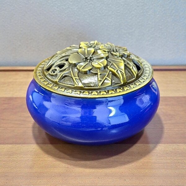 Royal Blue Ceramic Incense Burner Bowl with Lid – 3.75”