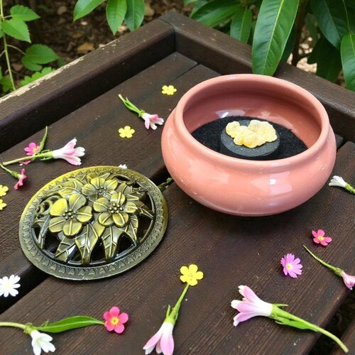 Burgundy Pink Ceramic Incense Burner Bowl with Floral Lid – 3.75”