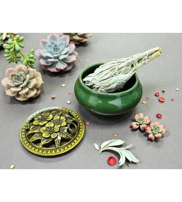 Green Ceramic Incense Burner Bowl with Floral Lid – 3.75”