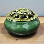 Green Ceramic Incense Burner Bowl with Floral Lid – 3.75”