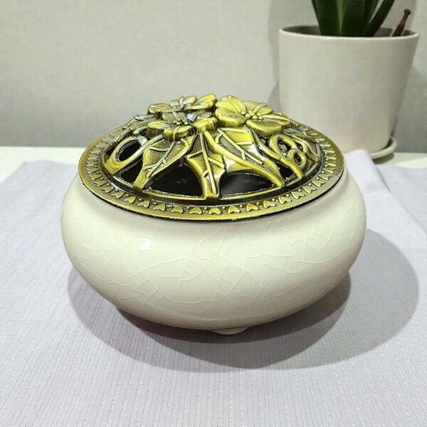 White Ceramic Incense Burner Bowl with Floral Lid – 3.75”