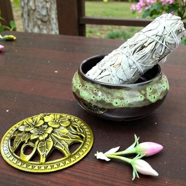 Forest Color Ceramic Incense Burner Bowl with Floral Lid – 3.75”