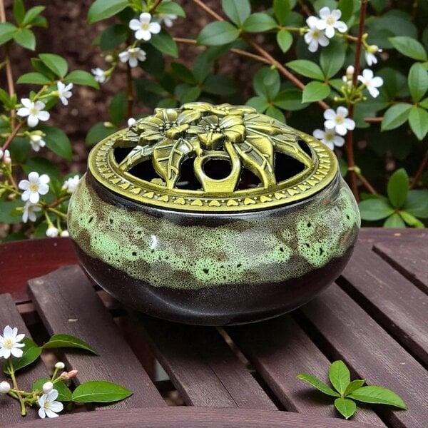 Forest Color Ceramic Incense Burner Bowl with Floral Lid – 3.75”