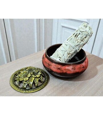 Lava Color Ceramic Incense Burner Bowl with Floral Lid – 3.75”