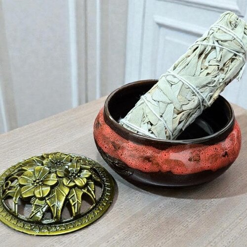 Lava Color Ceramic Incense Burner Bowl with Floral Lid – 3.75”