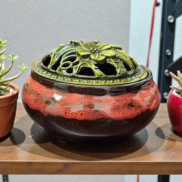 Lava Color Ceramic Incense Burner Bowl with Floral Lid – 3.75”