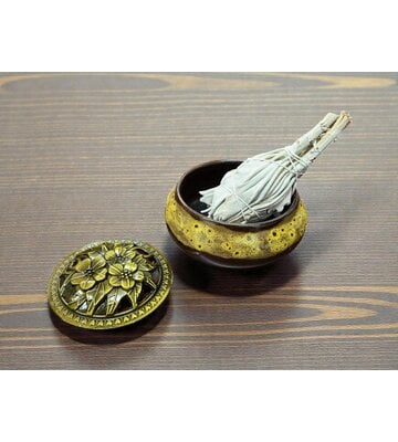 Sun Color Ceramic Incense Burner Bowl with Floral Lid – 3.75”