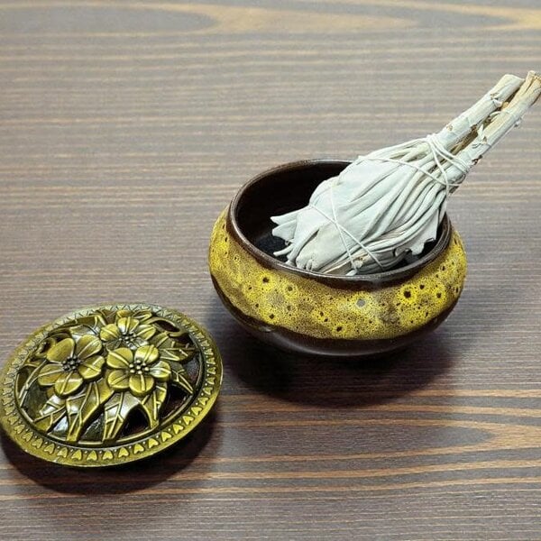 Sun Color Ceramic Incense Burner Bowl with Floral Lid – 3.75”