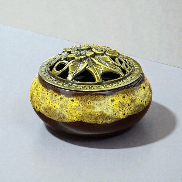Sun Color Ceramic Incense Burner Bowl with Floral Lid – 3.75”