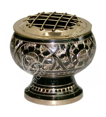 Incense Burner - Brass, Black Flowers Bowl with Grid 2"