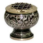 Incense Burner - Brass, Black Flowers Bowl with Grid 2"