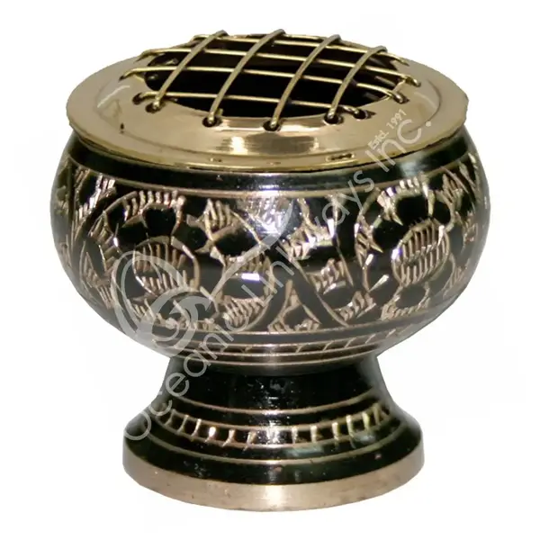 Incense Burner - Brass, Black Flowers Bowl with Grid 2"